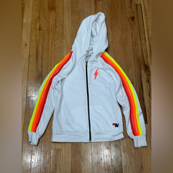 AVIATOR NATION WHITE ZIP UP NEON BOLT NEON STRIPES HOODIE - Picture 15 of 16
